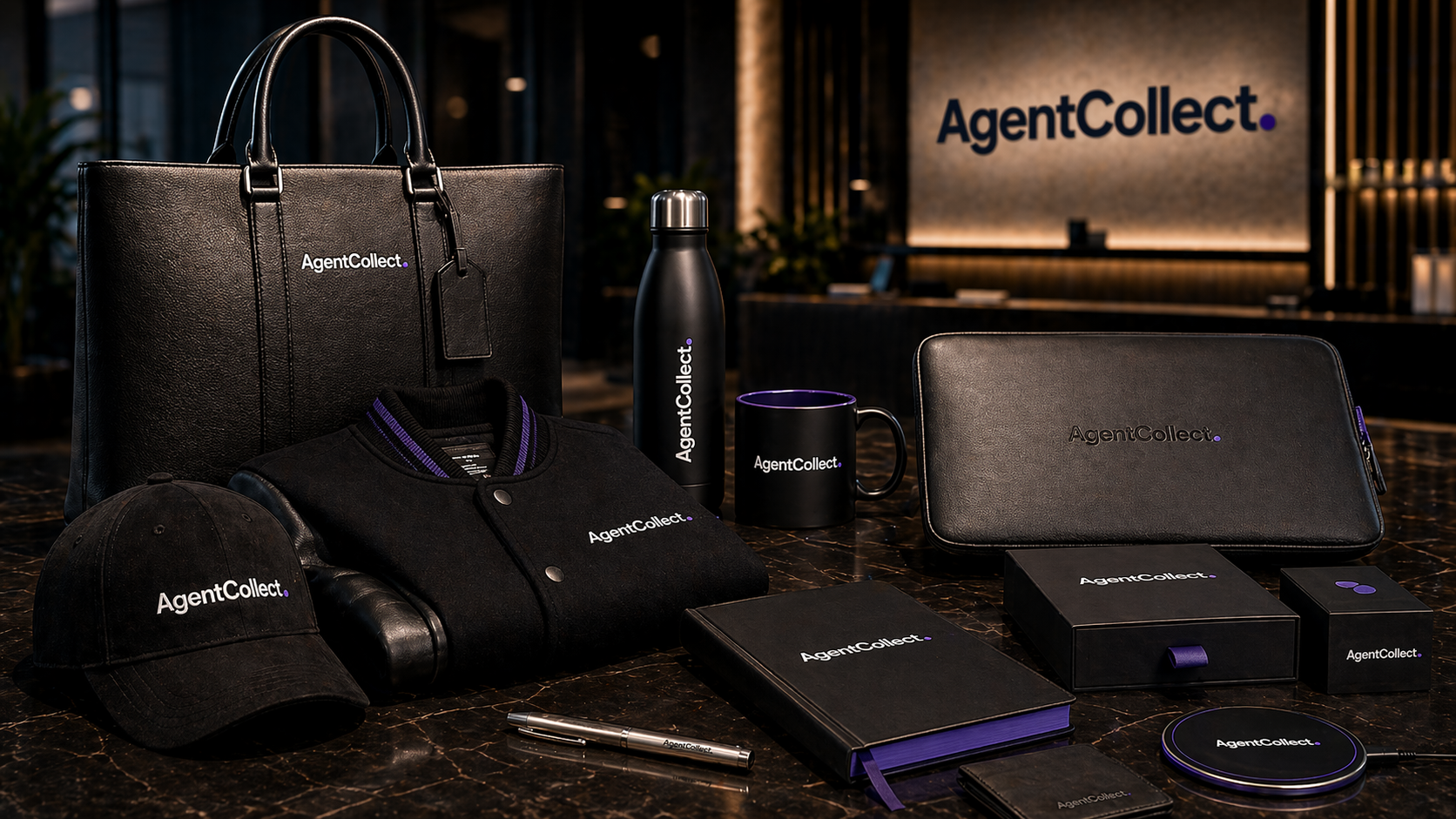 AgentCollect premium merch pack — leather tote, varsity jacket, cap, bottle, mug, laptop sleeve, notebook, stickers
